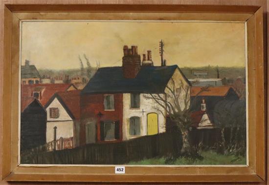 Turner, oil on board, Cottages, signed and dated 57, 47 x 73cm.